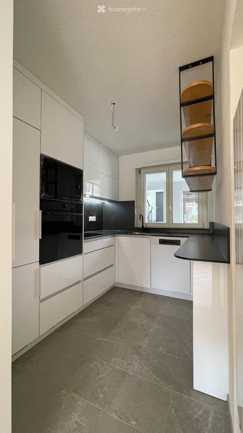Modern kitchen with white cabinets, black countertops, and stainless steel appliances including an oven, sink, and dishwasher. Features a large window and a hanging shelf with decorative items.
