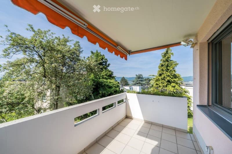 tiled floor, white walls, balcony railing, white canopy, trees, mountains, houses in distance