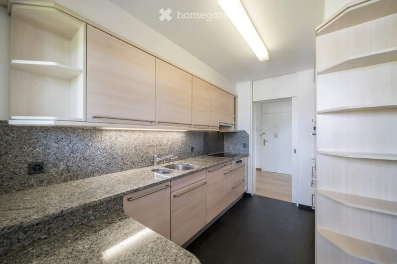 granite countertop, wooden cabinets, built-in dishwasher, sink, faucet, wooden floor, ceiling light