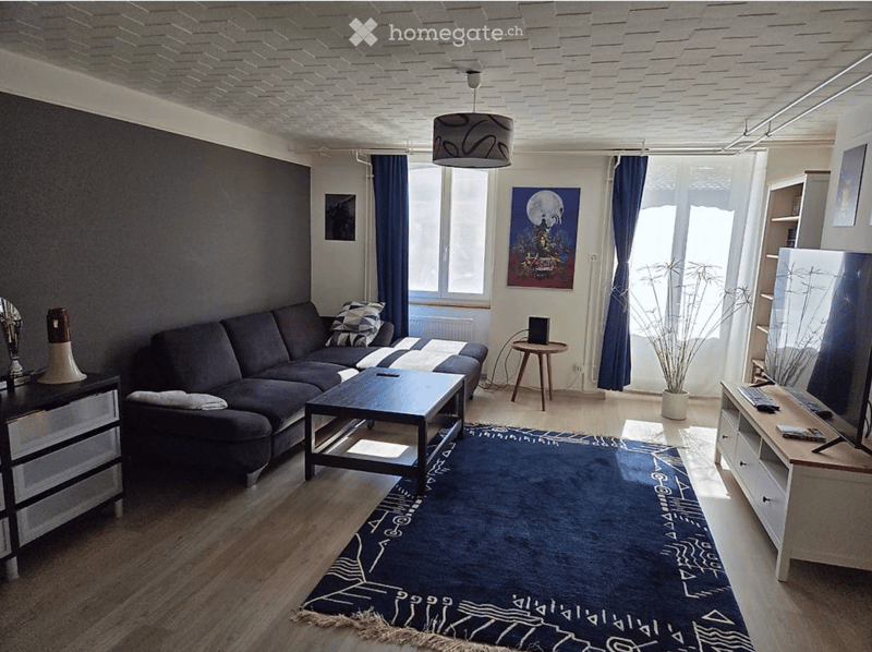 Modern living room with dark grey sofa, coffee table, side table, TV stand, floor lamp, potted plant, and cabinet. Large windows with blue curtains and a patterned rug.