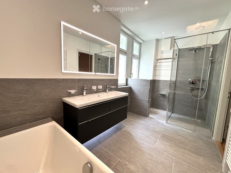 Modern bathroom with a bathtub, double sink, large mirror, and walk-in shower with glass enclosure.