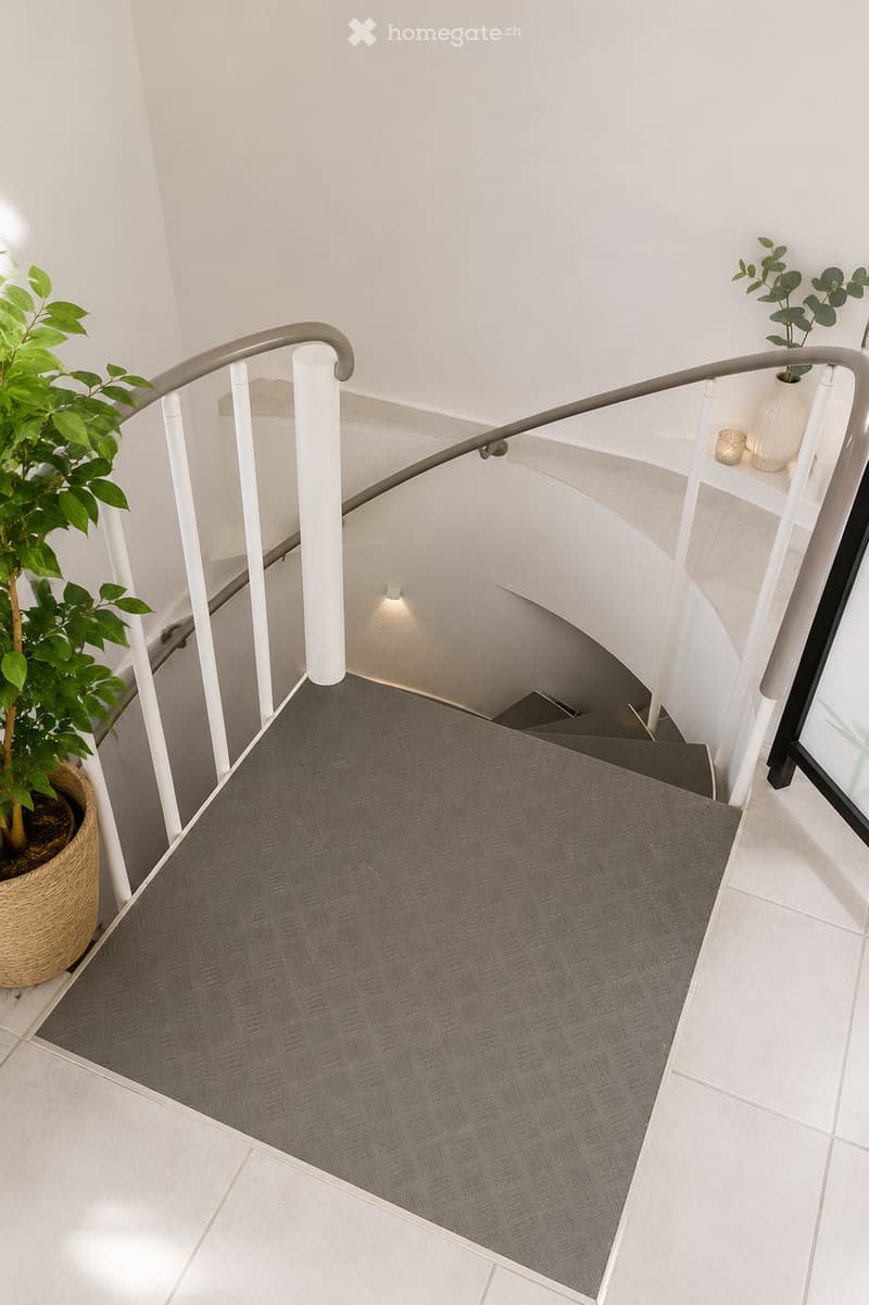 Modern staircase with grey patterned carpet, white walls, and a sleek metal railing. A potted plant is placed on the left side, and a small decorative vase and candle are visible on a shelf to the right.