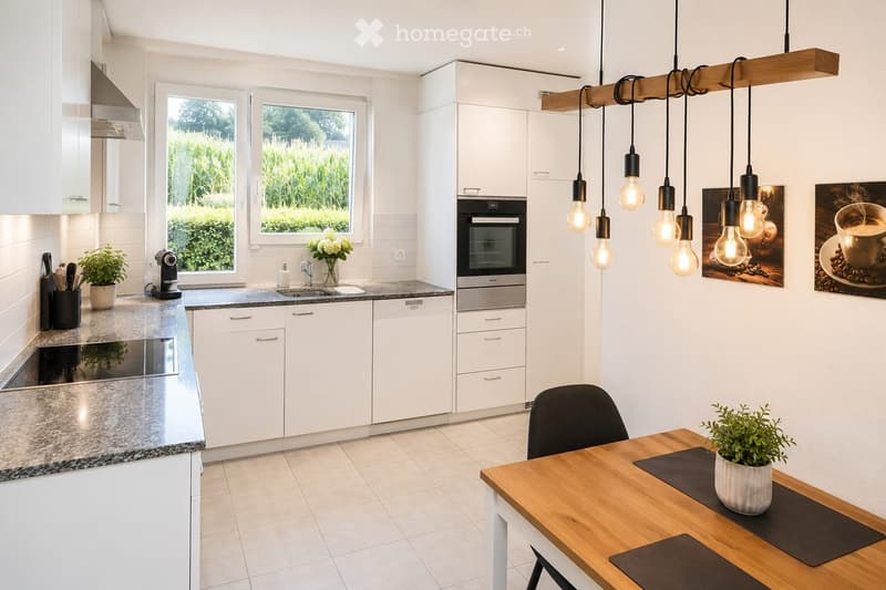 Modern kitchen with white cabinets, granite countertops, stainless steel appliances, and a wooden dining table with a potted plant.