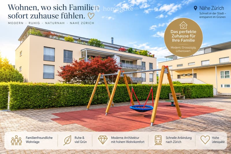 A modern residential building with balconies and greenery, featuring a playground with swings and a bench in the foreground.