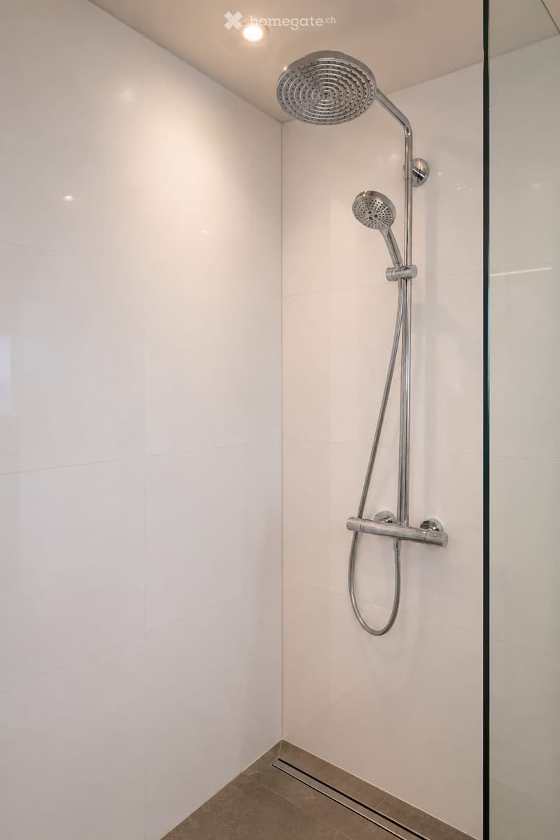 Modern shower area with white tiled walls, a sleek chrome showerhead, and a handheld shower attachment.