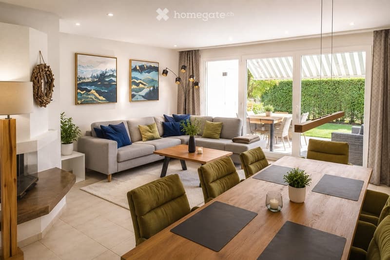 Modern living room with a grey sectional sofa, wooden coffee table, dining table with green chairs, floor lamp, fireplace, and artwork on the walls.