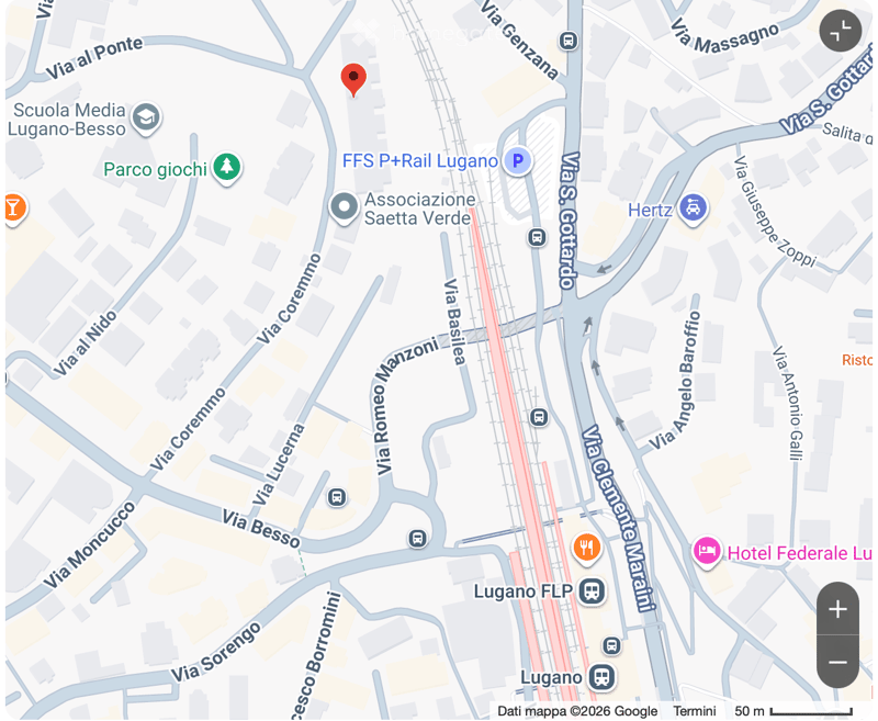 Map showing the location of Lugano, Switzerland, with surrounding streets, landmarks, and transportation options.