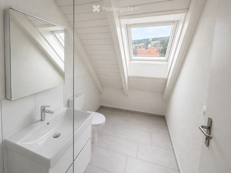Modern bathroom with white tiled walls and floor, a large mirror, a sink with a modern faucet, and a toilet. The room features a skylight window offering a scenic view.