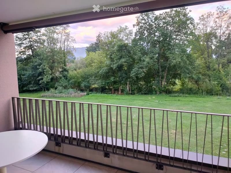 Balcony with metal railing, overlooking a green lawn and trees, with a distant mountain view.