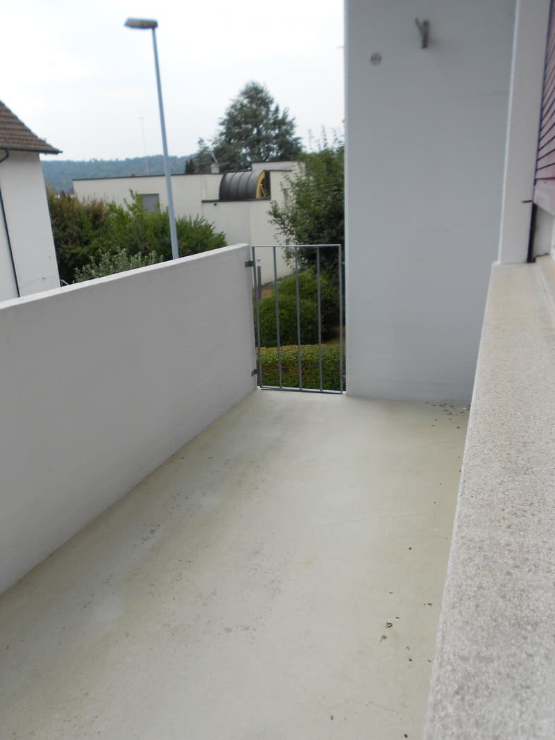 Empty balcony with concrete floor, white walls, metal gate, and surrounding greenery visible beyond the gate.