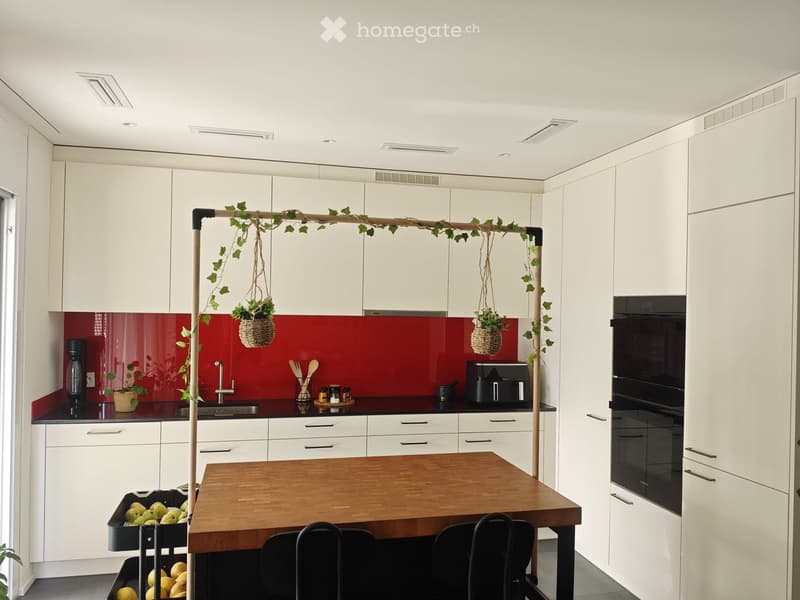 Modern kitchen with white cabinets, red backsplash, wooden dining table, and hanging plants.