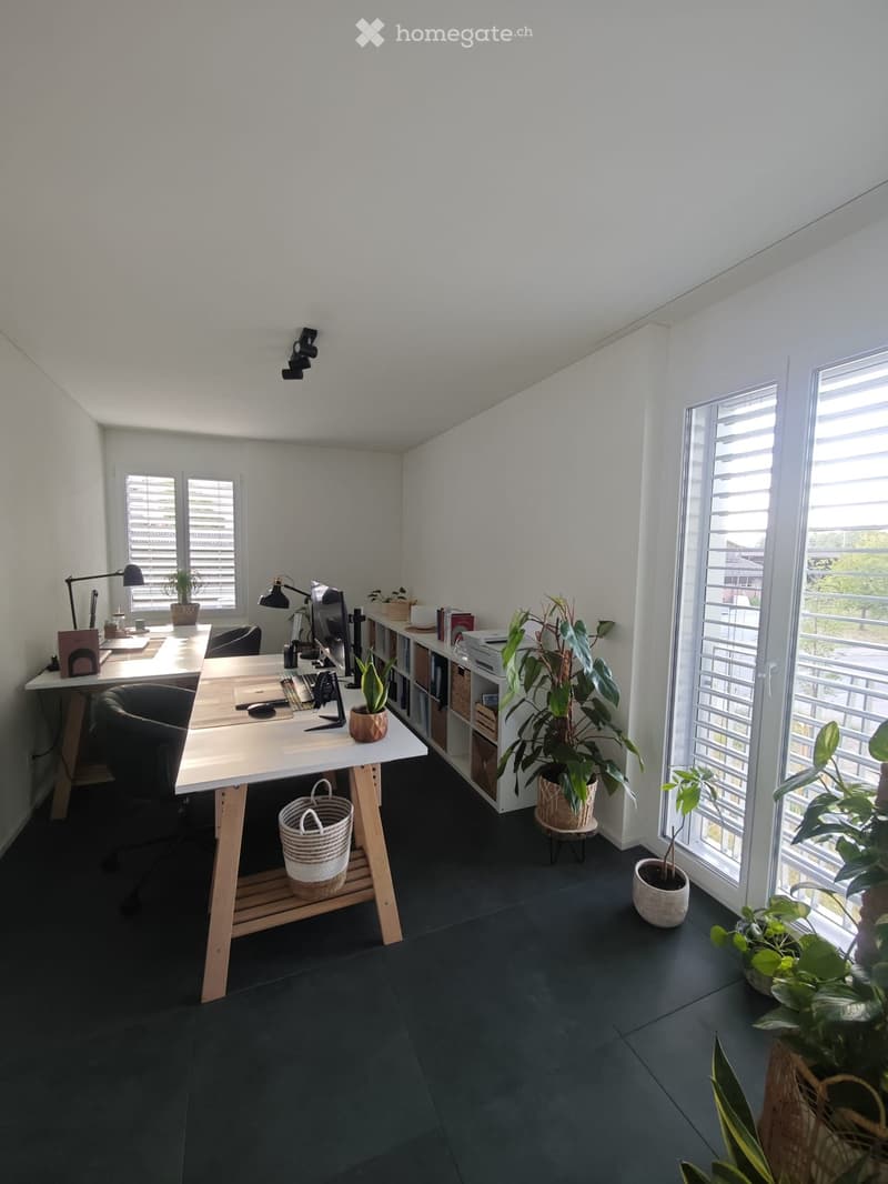 Bright, modern workspace with a large desk, ergonomic chair, laptop, desk lamp, potted plants, and shelving unit holding books and a printer. The room features large windows with blinds and a dark tiled floor.