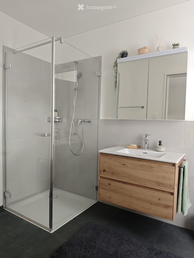 Modern bathroom with a glass-enclosed shower, wooden vanity with sink, mirror, and towel. Includes a shower head, faucet, and soap dispenser.