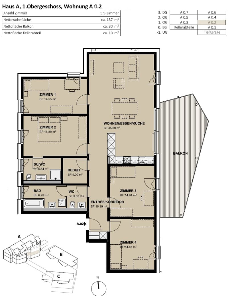 Floor plan of a 5.5-room apartment on the first floor, including living/dining/kitchen area, four bedrooms, bathroom, WC, and balcony.