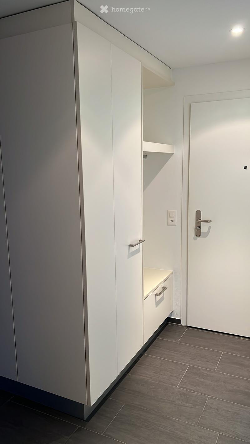 Modern hallway with white built-in storage units, sleek handles, and a closed door at the end.