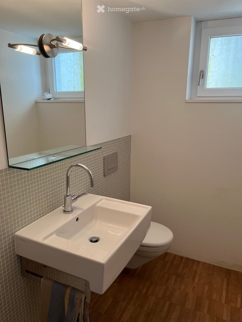 Modern bathroom with a white sink, chrome faucet, large mirror, and a toilet. The walls are tiled with a combination of light and dark tiles, and there is a glass shelf above the sink. A towel is placed on the floor near the sink.