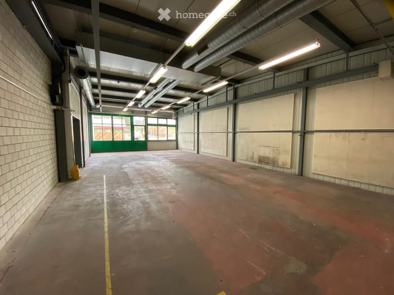 Empty industrial-style corridor with concrete floors, exposed pipes, and fluorescent lighting. Features a green door at the far end and a yellow caution marker on the left side.