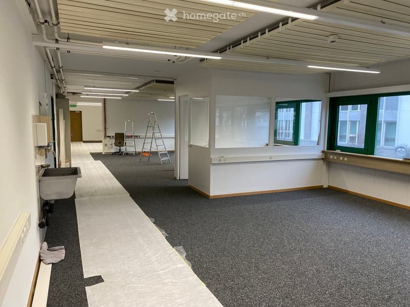 Empty room with grey carpet, white walls, exposed ceiling pipes, and a sink in the corner. No furniture or equipment present.