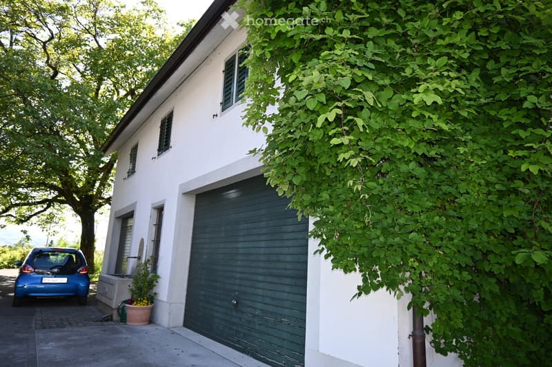 White two-story house with a green garage door, small garden area, and ivy-covered wall. A blue car is parked nearby.