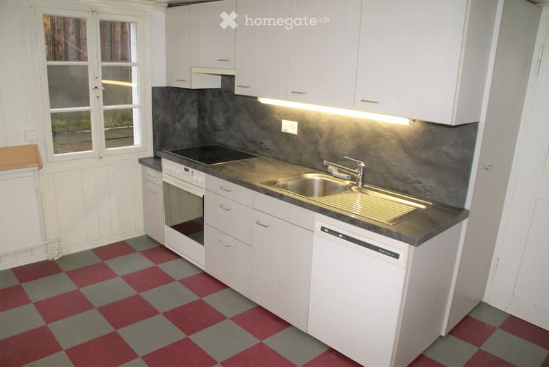 Modern kitchen with white cabinets, stainless steel sink, oven, and dishwasher. Features a dark countertop and a red and gray checkered floor.