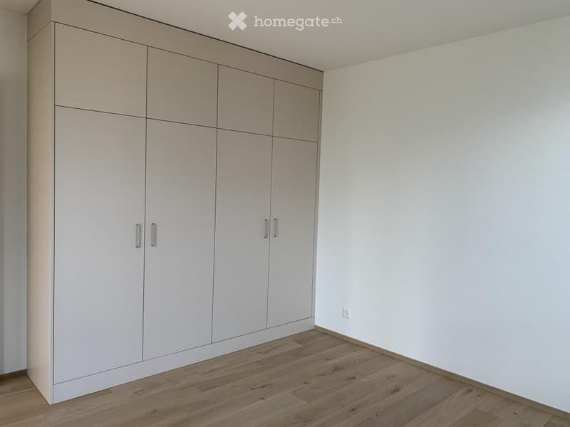 Empty room with light-colored walls, wooden flooring, and a large built-in wardrobe with multiple doors.