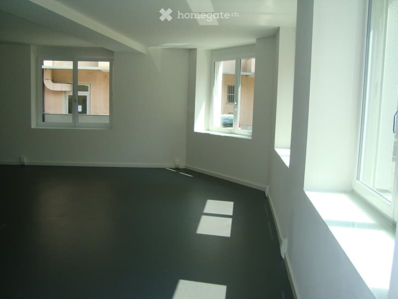 Empty room with white walls, dark flooring, and large windows allowing natural light to enter.