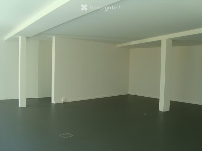 Empty room with white walls, dark flooring, and white structural columns. No furniture or equipment present.