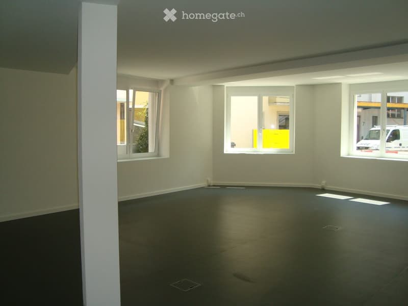 Empty room with white walls, dark flooring, and large windows allowing natural light. No furniture or equipment is present.