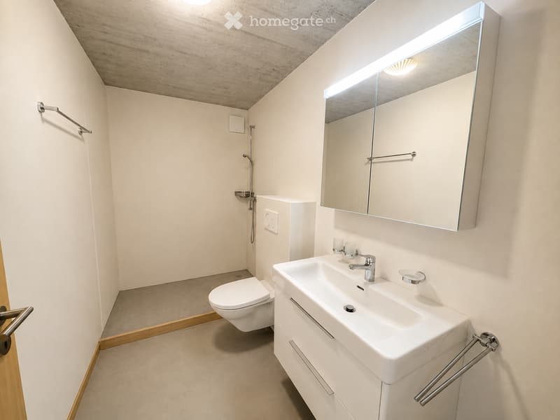 Modern bathroom with a white sink, chrome faucet, large mirror with built-in lighting, toilet, and towel rack. The room features light-colored walls and a wooden ceiling.