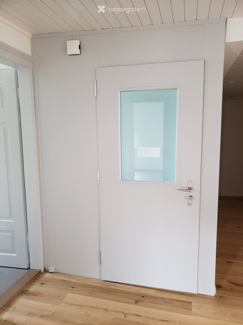 Empty hallway with light wooden flooring, white walls, and a white door with a frosted glass panel.