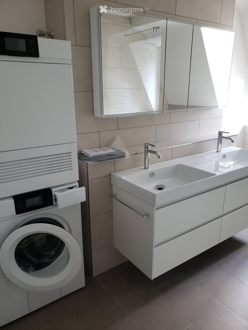 Modern bathroom with a white sink, chrome faucet, large mirror, and a washing machine. The sink has a sleek design with integrated drawers.