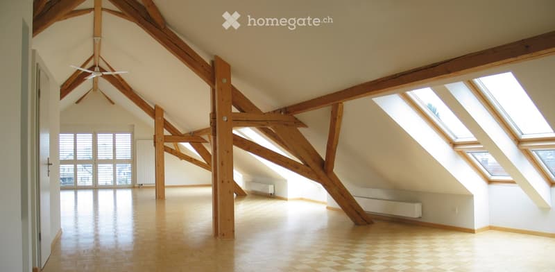 Open, high-ceilinged attic space with wooden beams, skylights, and wooden flooring. No furniture or equipment present.