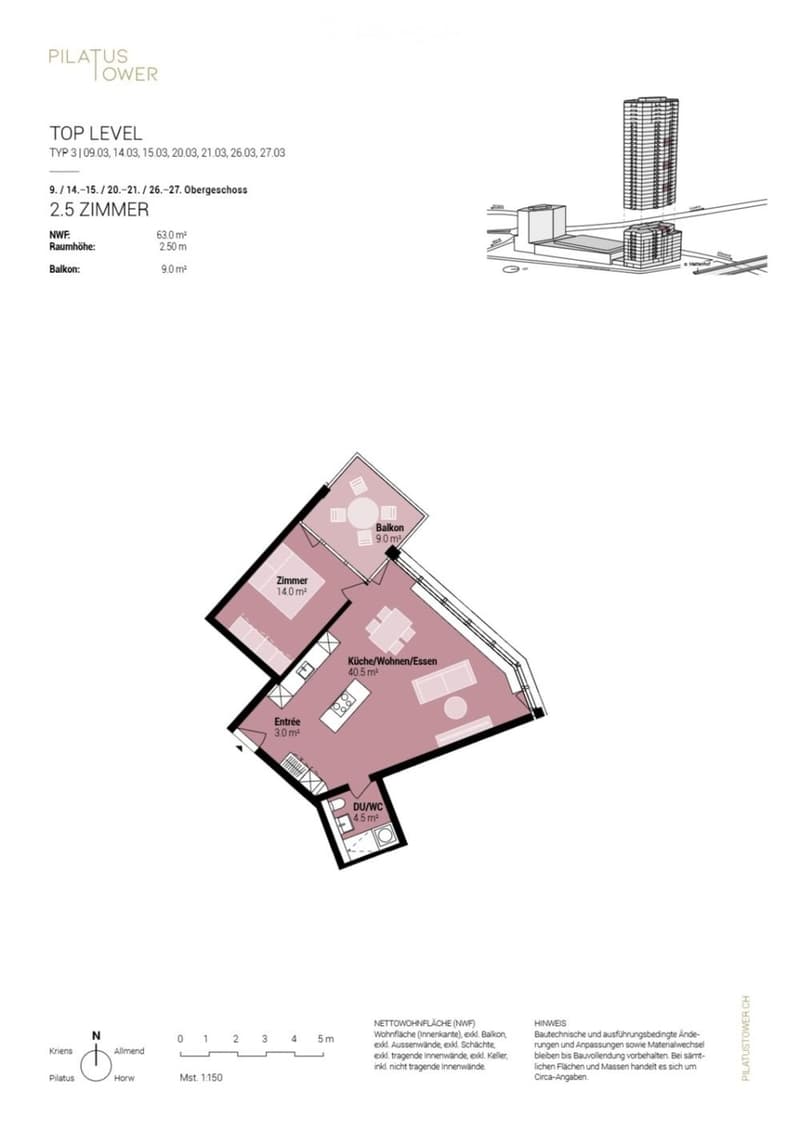 Floor plan of a 2.5-room apartment on the top level, featuring a balcony, living/dining area, bedroom, and bathroom.