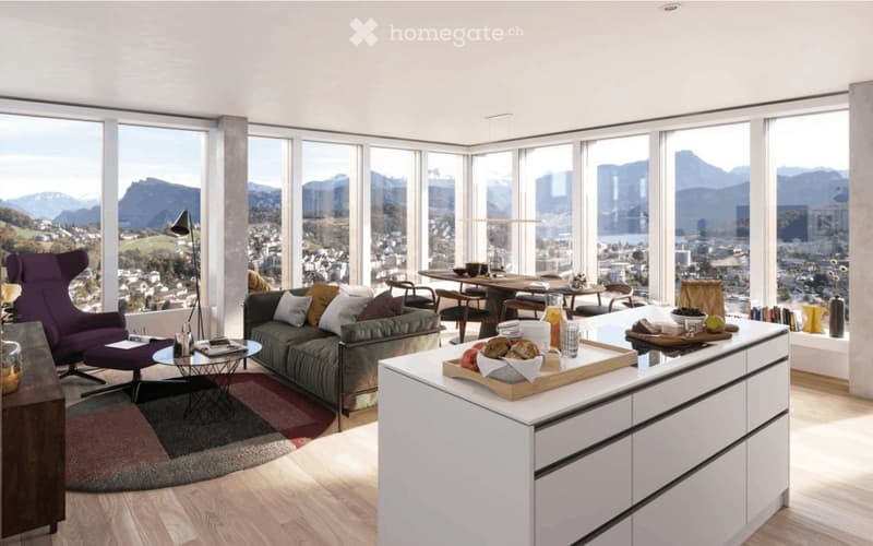 Modern open-plan living and dining area with large windows offering a scenic mountain view, featuring a green sofa, purple armchair, coffee table, dining table, and a white kitchen island.