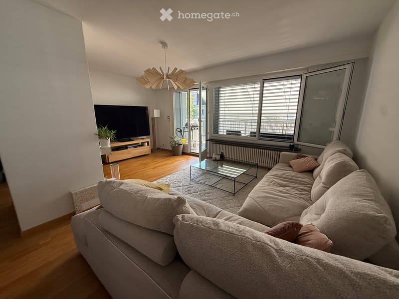 Modern living room with a large sectional sofa, glass coffee table, flat-screen TV on a wooden stand, floor lamp, and potted plants. The room features wooden flooring and large windows with blinds, leading to a balcony.