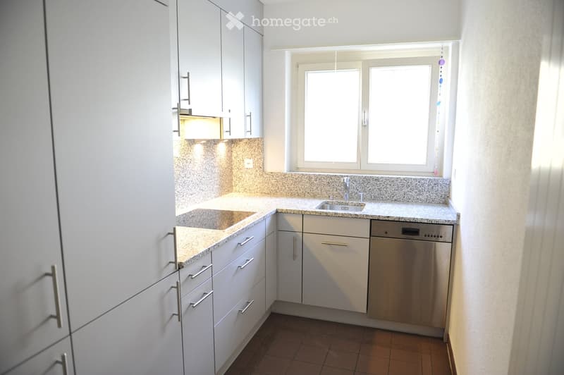 modern kitchen with granite countertop, dishwasher, washing machine, window, bright