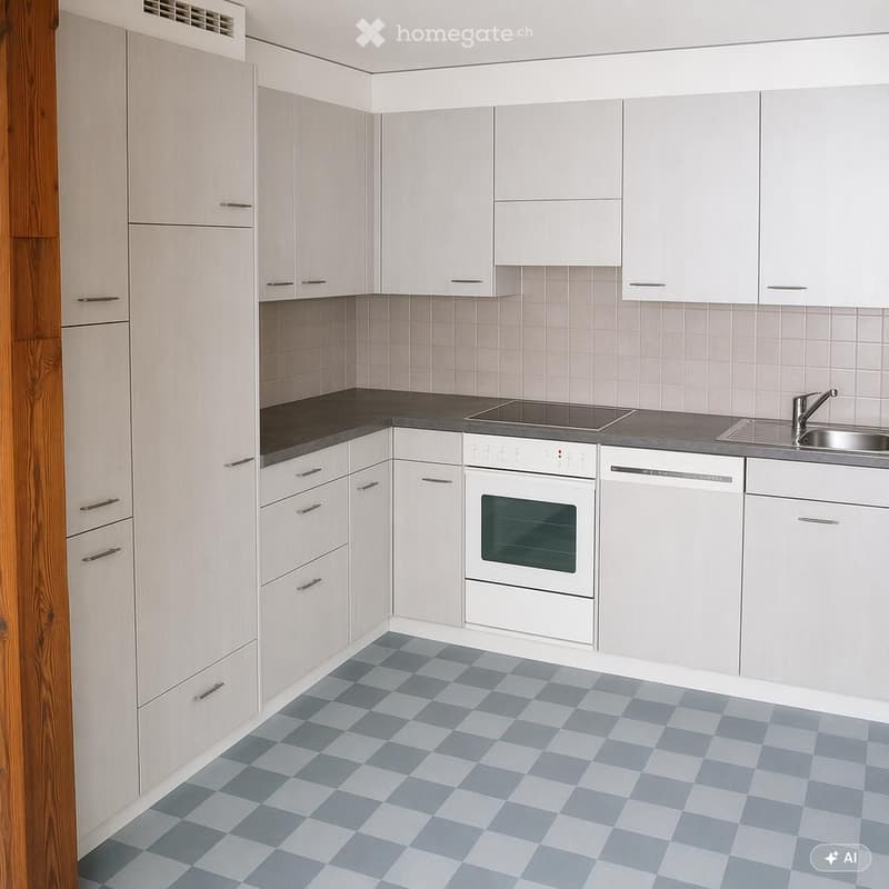 Modern kitchen with white cabinets, stainless steel appliances, and a checkered floor.