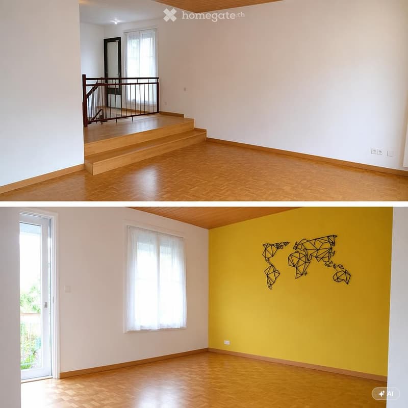 Empty room with wooden flooring, white walls, and a staircase leading to an upper level. Another view shows a bright room with a large window, a door leading outside, and a yellow accent wall with a geometric world map design.