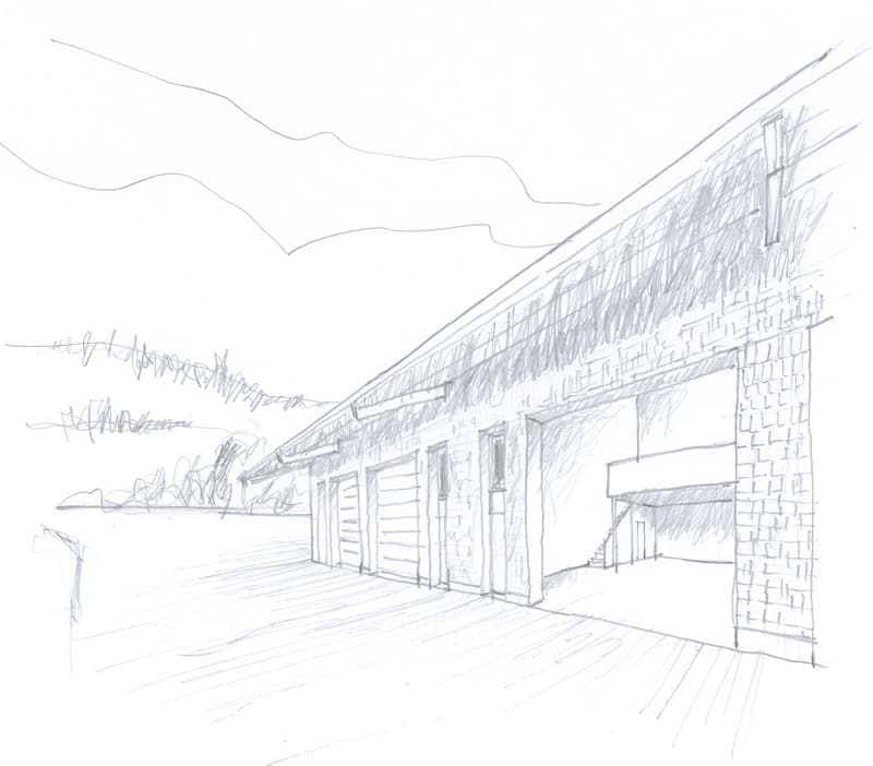 Sketch of a modern building with a flat roof, large windows, and a covered entrance area. The structure features a mix of materials, including brick and wood, with a spacious open area in front.