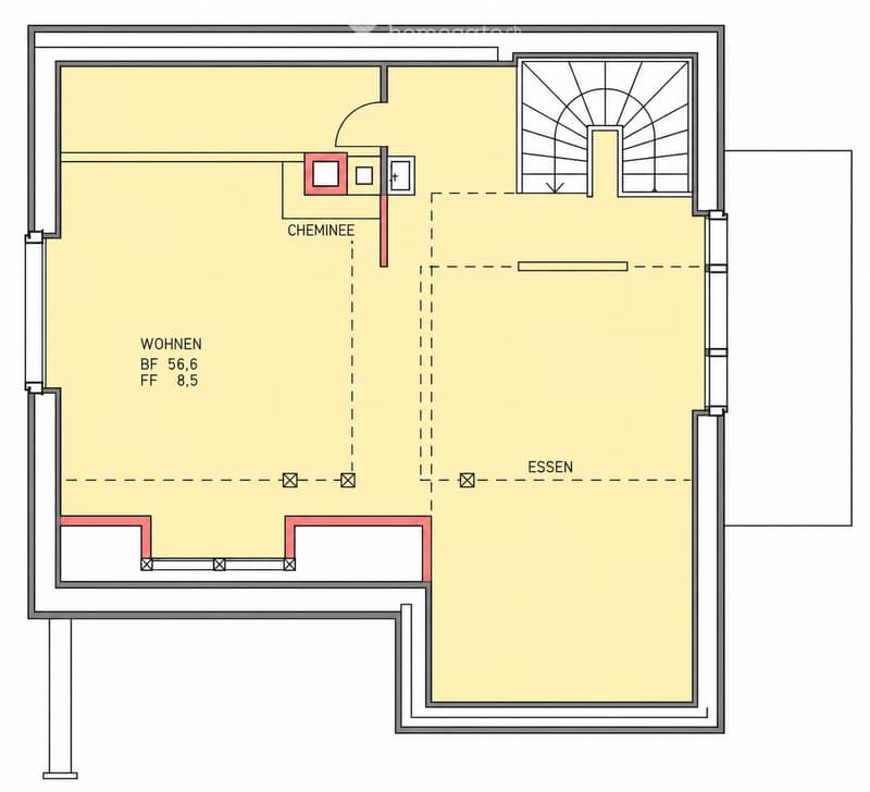 Floor plan of a two-room apartment with a living area (Wohnen) and a dining area (Essen). Features include a fireplace (Cheminée) and a small bathroom.