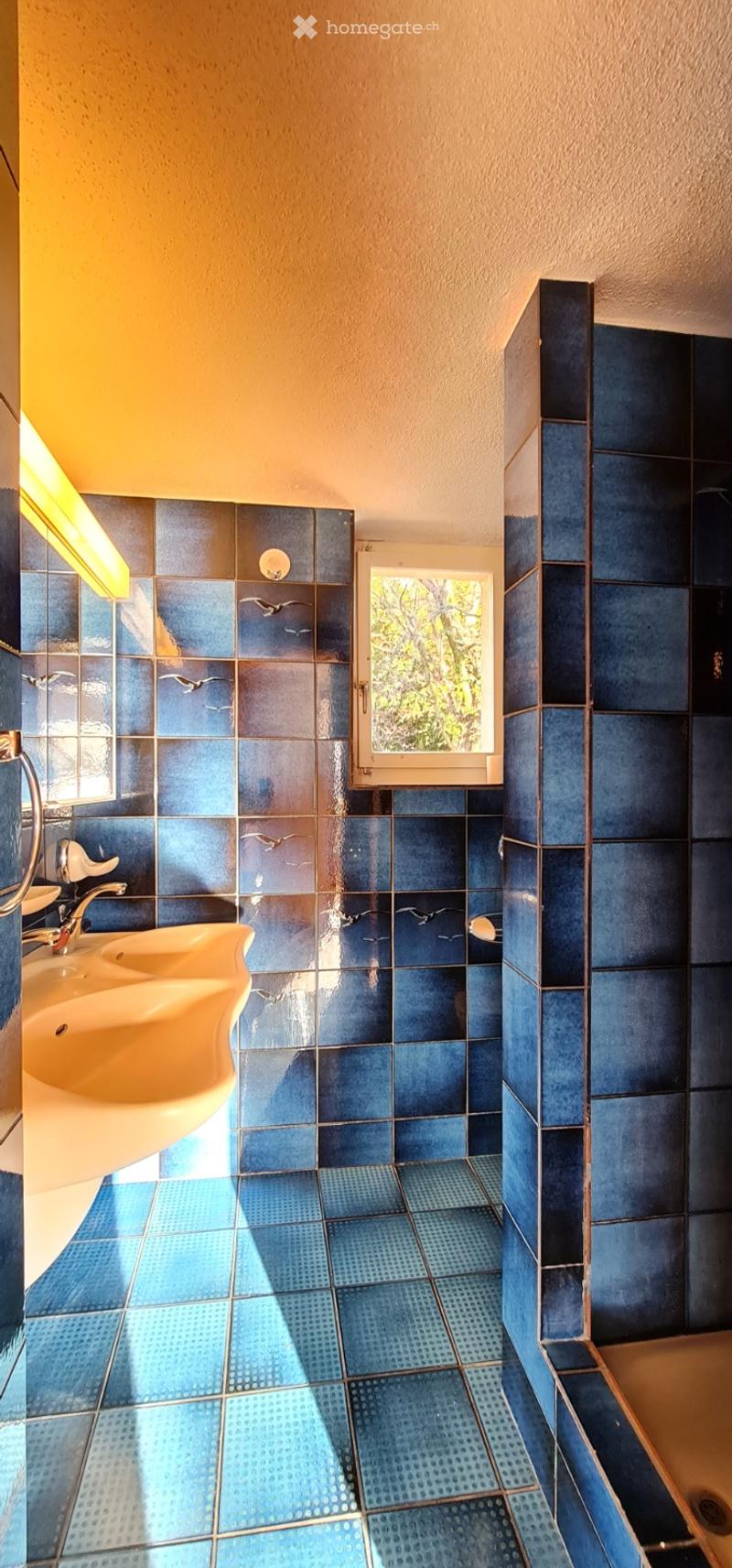 Bathroom with blue tiles, double sink, and a window letting in natural light.
