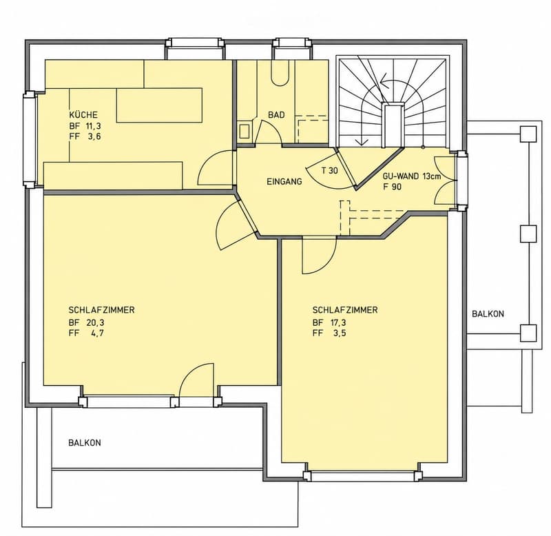 Floor plan showing a kitchen, bathroom, entrance, two bedrooms, and two balconies.