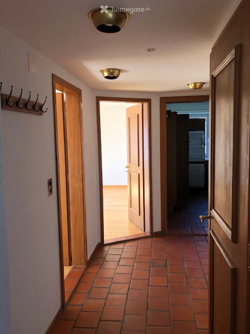 A narrow hallway with red brick tiles, wooden doors, and recessed lighting. The hallway leads to multiple rooms, with a coat rack visible on the left side.