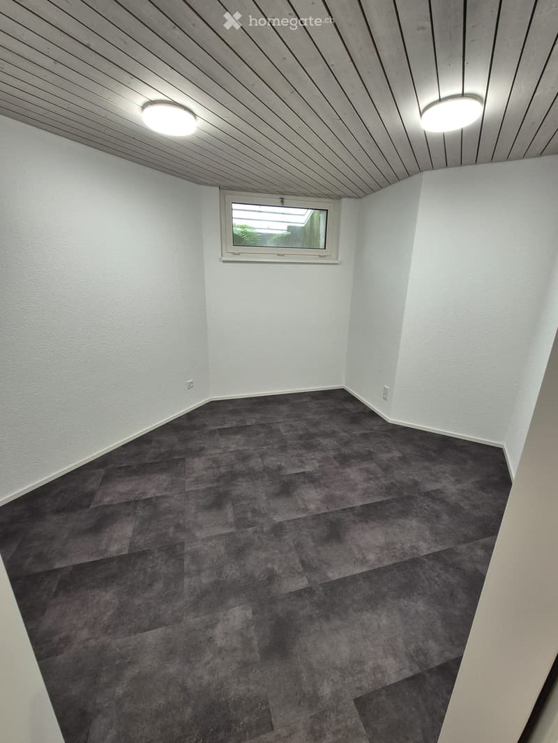 Empty room with grey carpeted floor, white walls, and a single window with white frame. The ceiling has a wooden panel design with two round light fixtures.