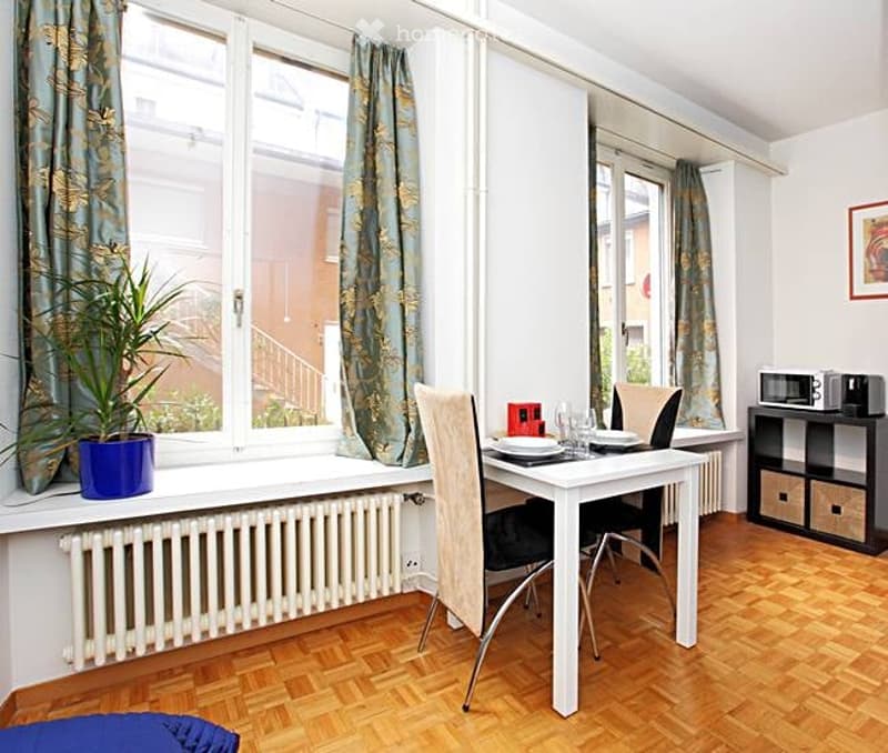 A well-lit dining area with a white dining table, chairs, a potted plant on the windowsill, and a microwave on a small cabinet. The room features wooden flooring and large windows with patterned curtains.