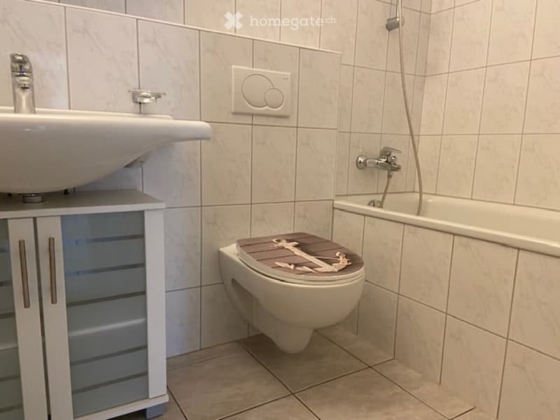 Modern bathroom with a white sink, cabinet, toilet with a wooden seat cover, and a bathtub.