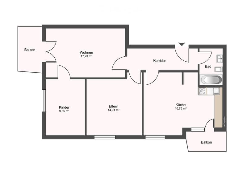 Floor plan of a 4-room apartment with a living area, two bedrooms, a kitchen, a bathroom, and two balconies.
