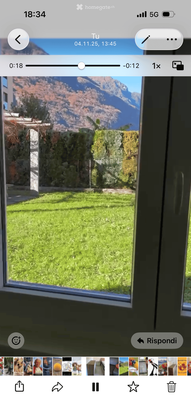 View of a well-maintained garden with green grass, shrubs, and a stone wall, overlooking a scenic lake and mountains.