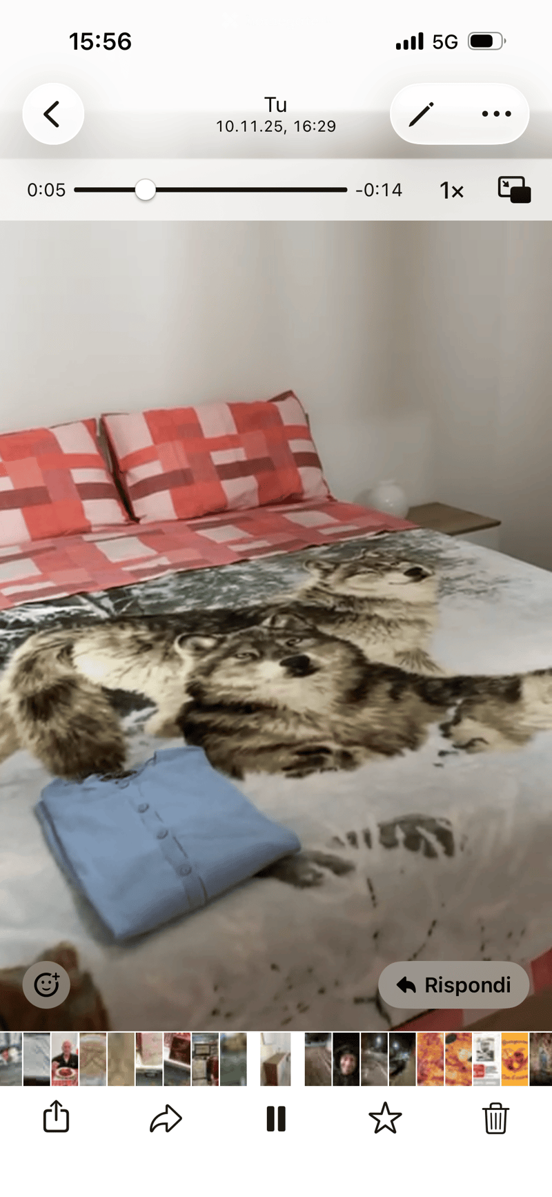 A neatly made bed with a wolf-themed blanket, red and white checkered pillows, and a blue folded shirt on top. A nightstand is visible beside the bed.