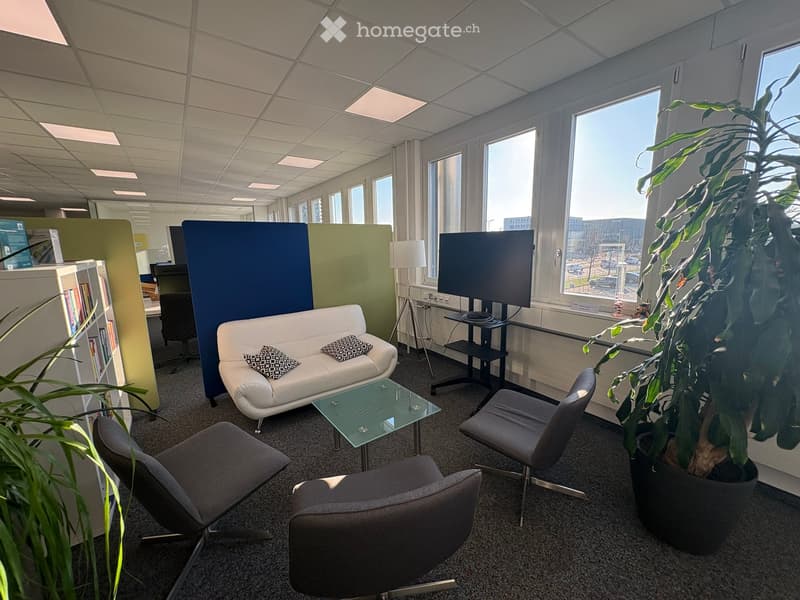 modern office with white walls, gray carpet, white couch, glass table, large windows, plants, bookshelves, monitor, lamp